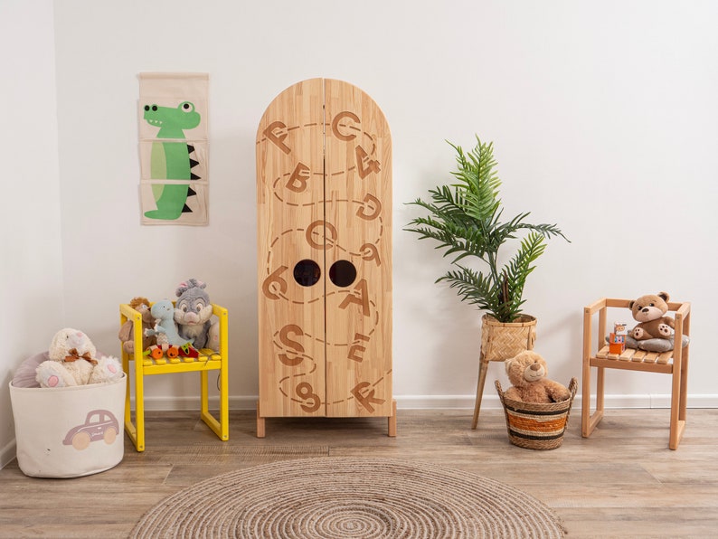 Busywood Montessori Wooden Wardrobe for Kids - Dress Up Storage Closet, Toddler Armoire Organizer, Unique Bookcase, Baby Toy Storage, 154$