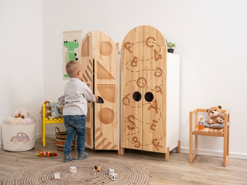 Busywood Montessori Wooden Wardrobe for Kids - Dress Up Storage Closet, Toddler Armoire Organizer, Unique Bookcase, Baby Toy Storage, 154$