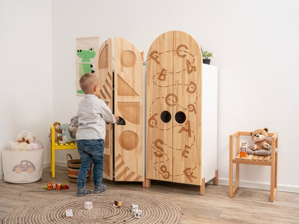 Busywood Montessori Wooden Wardrobe for Kids - Dress Up Storage Closet, Toddler Armoire Organizer, Unique Bookcase, Baby Toy Storage, 154$