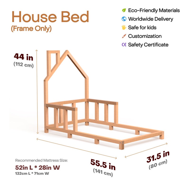 Handmade Montessori Toddler Floor Bed - Natural Wood Kids House Bed Frame, Safe Nursery Decor, First Christmas Gift, Baby Crib Size Compatible