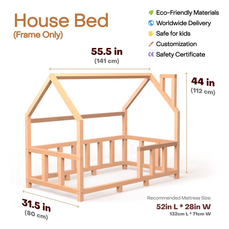 Handmade Montessori Toddler Floor Bed - Natural Wood Kids House Bed Frame, Safe Nursery Decor, First Christmas Gift, Baby Crib Size Compatible