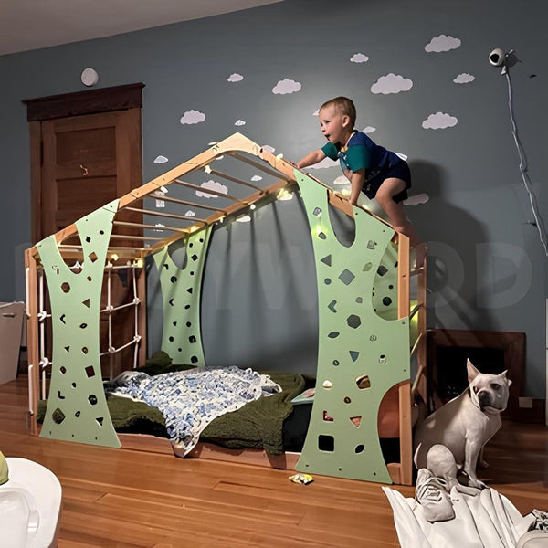 Busywood Montessori Toddler Climber Bed - Indoor Play Gym & Floor Bed for Active Kids, Natural Wood with Eco-Friendly Finish