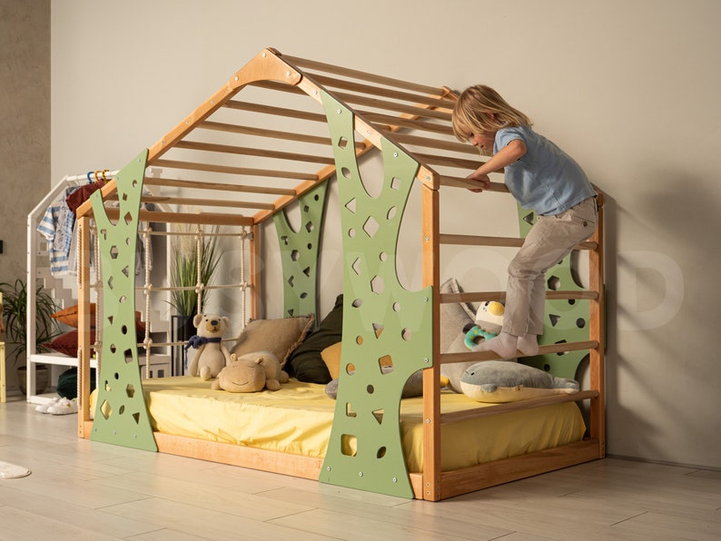 Busywood Montessori Toddler Climber Bed - Indoor Play Gym & Floor Bed for Active Kids, Natural Wood with Eco-Friendly Finish