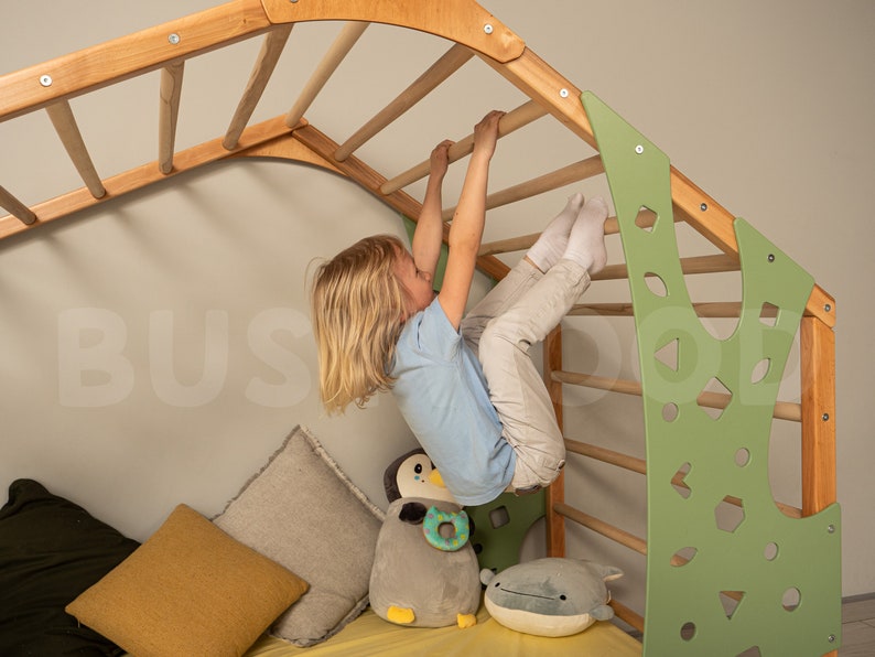 Busywood Montessori Toddler Climber Bed - Indoor Play Gym & Floor Bed for Active Kids, Natural Wood with Eco-Friendly Finish