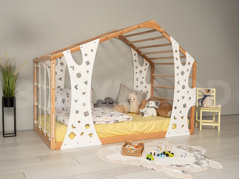 Busywood Montessori Toddler Climber Bed - Indoor Play Gym & Floor Bed for Active Kids, Natural Wood with Eco-Friendly Finish