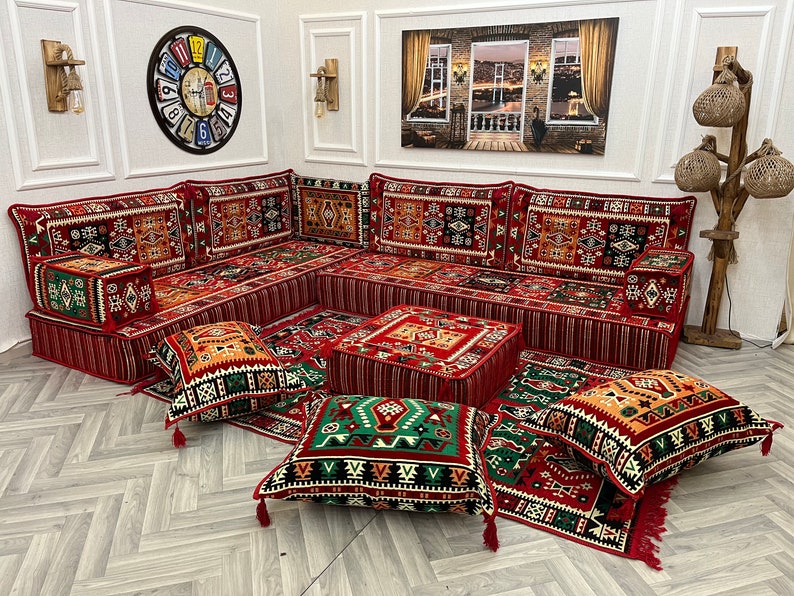 Colorful 8 inch L Shaped Arabic Majlis sofa set with ethnic cushions, perfect for creating a welcoming living room ambiance.