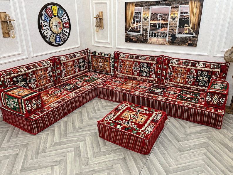 Cozy 8 inch L Shaped Arabic Majlis sofa set in vibrant red with ethnic patterns, perfect for living room floor seating.