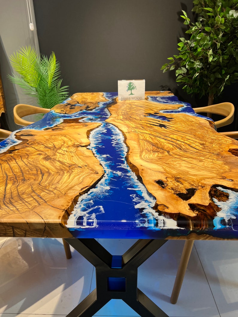 Blue epoxy with wave effect, Conference table, Epoxy olive table, Custom live edge epoxy resin dining table, Dining room table
