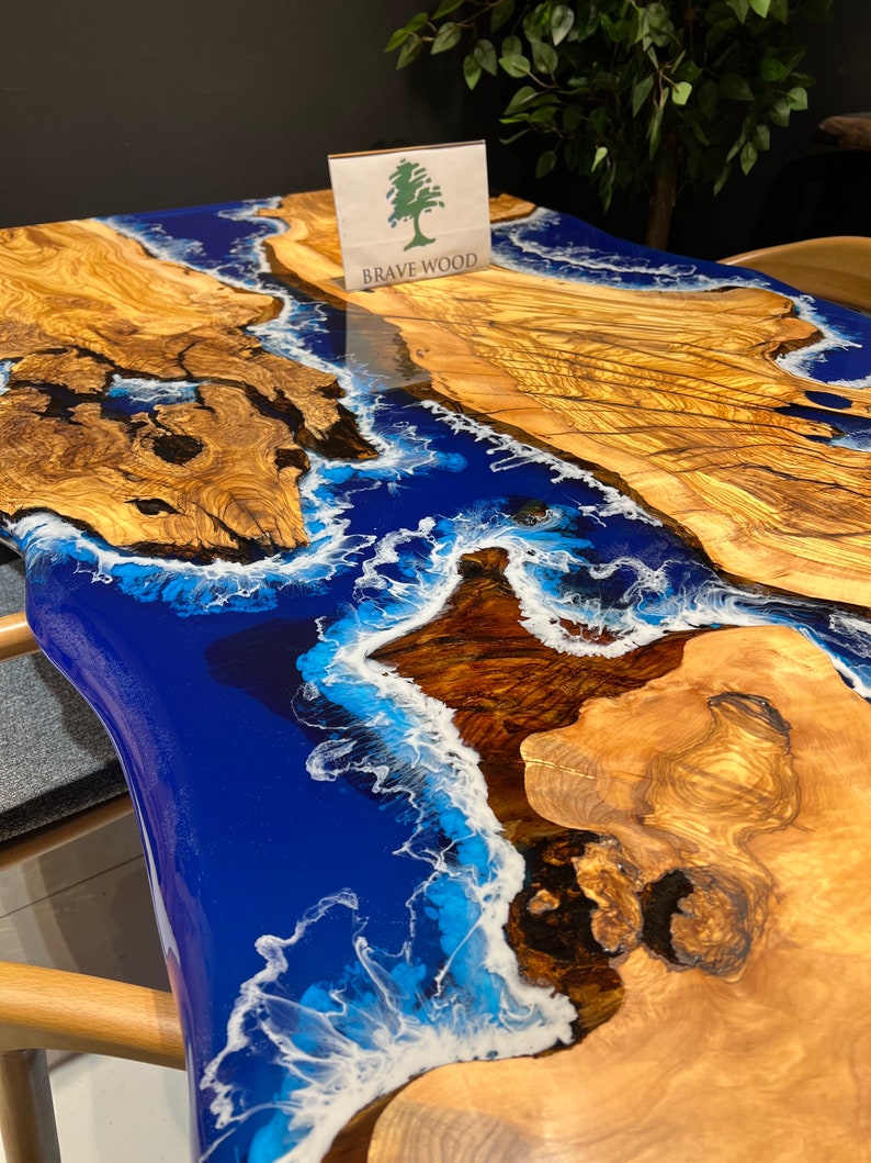 Blue epoxy with wave effect, Conference table, Epoxy olive table, Custom live edge epoxy resin dining table, Dining room table