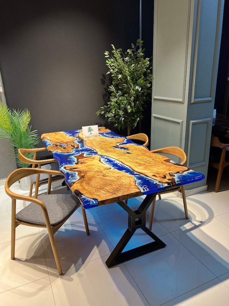 Blue epoxy with wave effect, Conference table, Epoxy olive table, Custom live edge epoxy resin dining table, Dining room table
