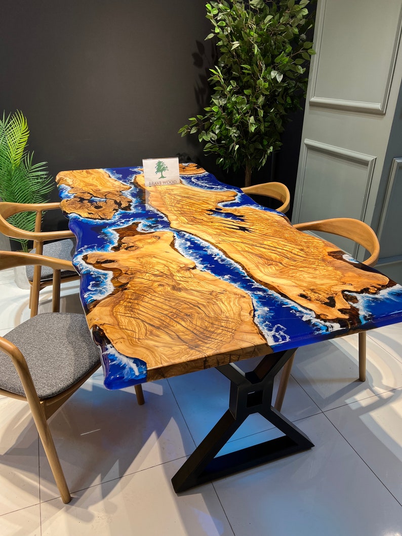 Blue epoxy with wave effect, Conference table, Epoxy olive table, Custom live edge epoxy resin dining table, Dining room table