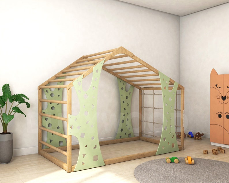 Busywood Montessori Toddler Climber Bed - Indoor Play Gym & Floor Bed for Active Kids, Natural Wood with Eco-Friendly Finish