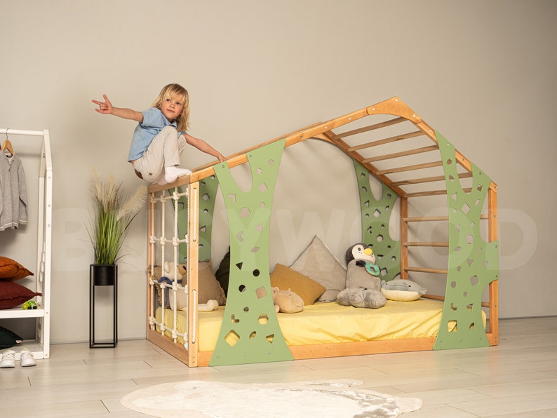 Busywood Montessori Toddler Climber Bed - Indoor Play Gym & Floor Bed for Active Kids, Natural Wood with Eco-Friendly Finish