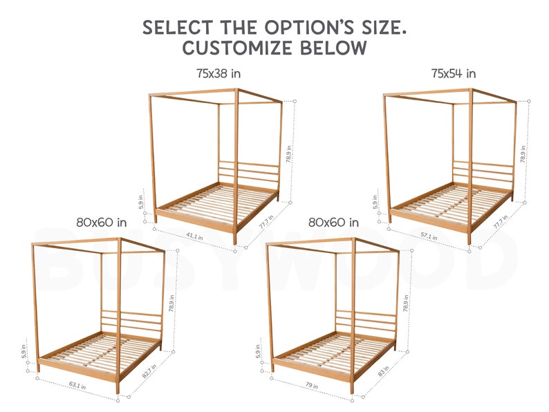 Busywood Montessori Canopy Bed - Four Poster Wooden Bed Frame, Full Size, Eco-Friendly Materials