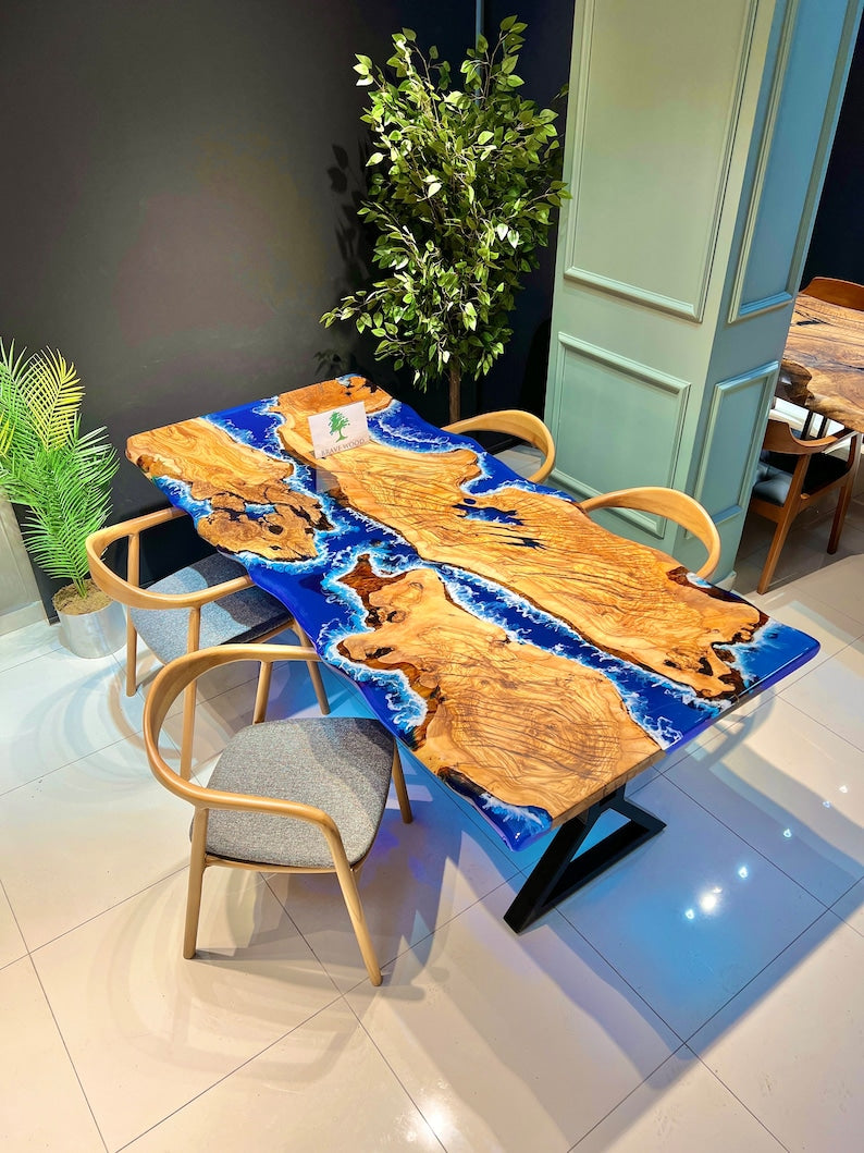 Blue epoxy with wave effect, Conference table, Epoxy olive table, Custom live edge epoxy resin dining table, Dining room table