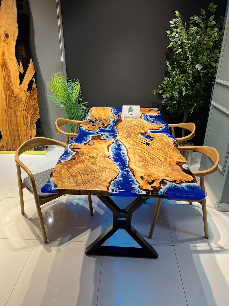 Blue epoxy with wave effect, Conference table, Epoxy olive table, Custom live edge epoxy resin dining table, Dining room table