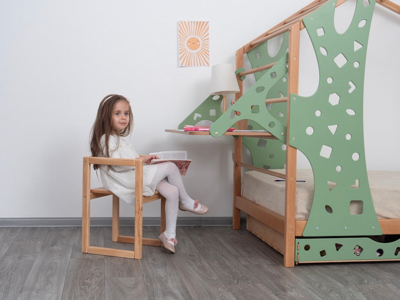 Busywood Montessori Toddler Bed with Legs and Monkey Set - Climbing Bed, Storage Bed, Nursery Decor, Engaging Wooden Furniture