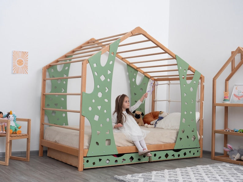 Montessori Monkey Bed: Toddler Climbing Bed Frame with Drawers & Indoor Playground - Natural Wood, Safe & Engaging