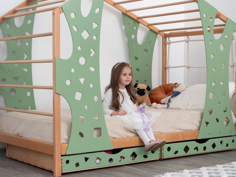 Montessori Monkey Bed: Toddler Climbing Bed Frame with Drawers & Indoor Playground - Natural Wood, Safe & Engaging