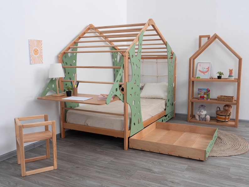 Busywood Montessori Toddler Bed with Legs and Monkey Set - Climbing Bed, Storage Bed, Nursery Decor, Engaging Wooden Furniture