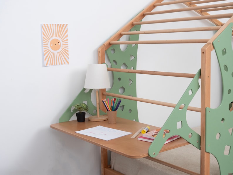 Busywood Montessori Toddler Bed with Legs and Monkey Set - Climbing Bed, Storage Bed, Nursery Decor, Engaging Wooden Furniture