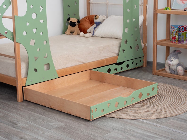 Busywood Montessori Toddler Bed with Legs and Monkey Set - Climbing Bed, Storage Bed, Nursery Decor, Engaging Wooden Furniture