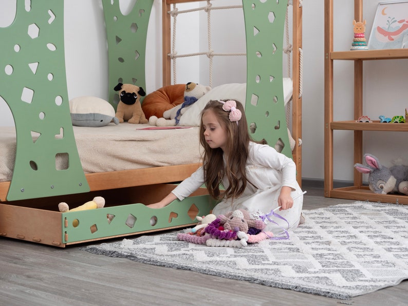 Montessori Climbing Toddler Bed with Drawers - Solid Wood Indoor Playground & Storage Bed Frame