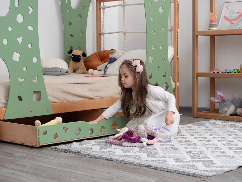 Montessori Monkey Bed: Toddler Climbing Bed Frame with Drawers & Indoor Playground - Natural Wood, Safe & Engaging