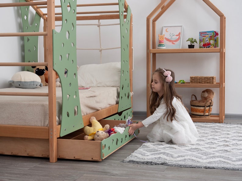 Montessori Monkey Bed: Toddler Climbing Bed Frame with Drawers & Indoor Playground - Natural Wood, Safe & Engaging