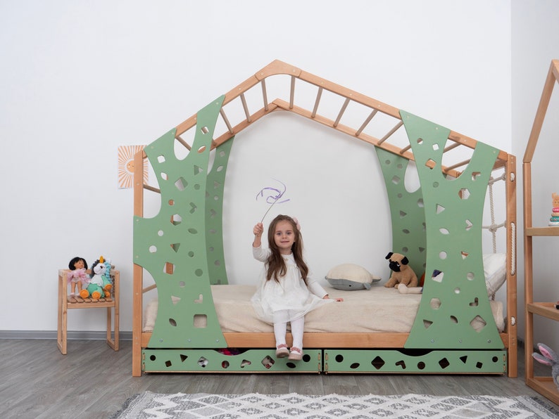 Montessori Monkey Bed: Toddler Climbing Bed Frame with Drawers & Indoor Playground - Natural Wood, Safe & Engaging