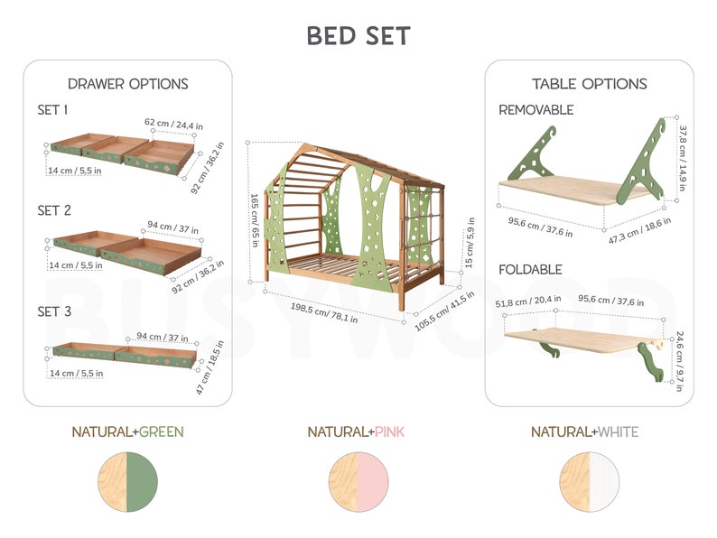 Busywood Montessori Toddler Bed with Legs and Monkey Set - Climbing Bed, Storage Bed, Nursery Decor, Engaging Wooden Furniture