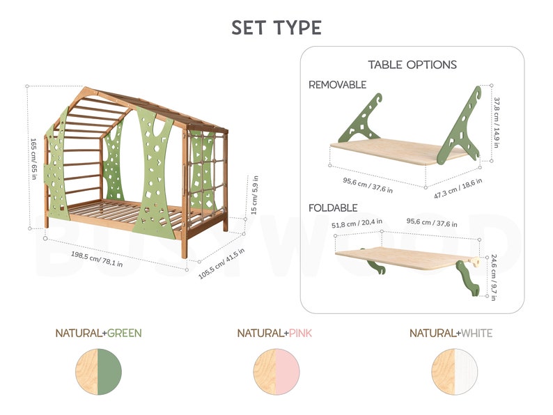Busywood Montessori Toddler Climbing Bed Frame - Twin Loft Bed with Play Table for Nursery & Playroom