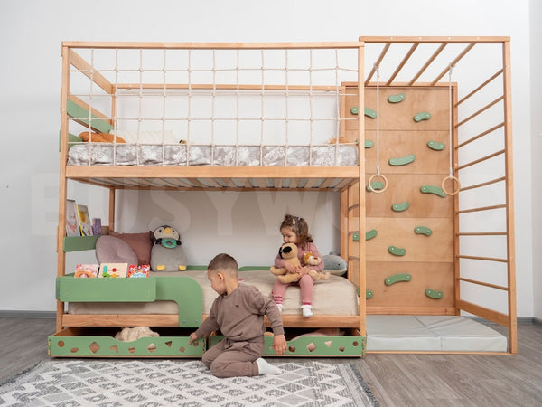 Toddler Montessori Bunk Bed - Twin Loft Bed for Kids, Indoor Playhouse & Climbing Frame, Nursery Decor, Eco-Friendly Wood Furniture