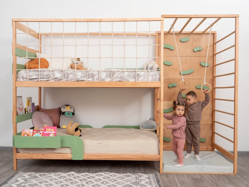 Toddler Twin 75x38 in Gym Bed, Bunk Bed, Montessori Bed for Twins, Montessori Furniture, Nursery Decor, Twin Bed Frame, Drawers, Toy Storage
