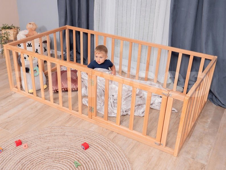 Montessori Floor Bed with Toddler Gym & Nursery Decor - Natural Alder Wood