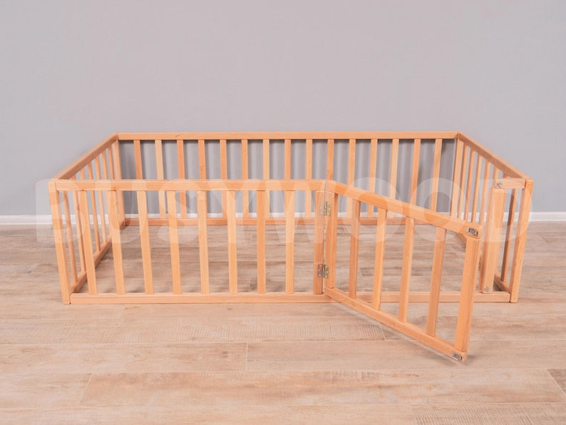 Montessori Floor Bed with Toddler Gym & Nursery Decor - Natural Alder Wood