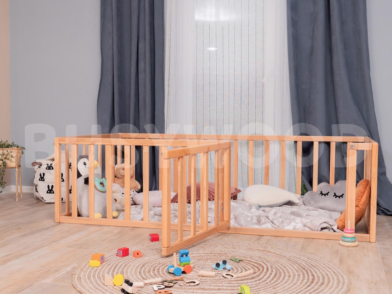 Montessori Floor Bed with Toddler Gym & Nursery Decor - Natural Alder Wood