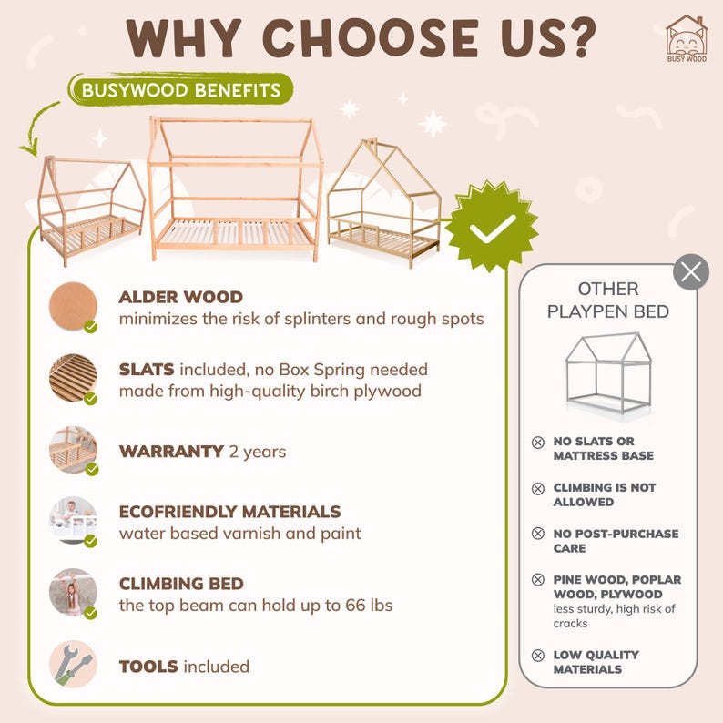 Montessori Wooden House Bed Frame - Toddler Floor Bed with Canopy Option, Twin Size, Natural Alder Wood with Eco-Friendly Finish, Nursery & Playroom Decor
