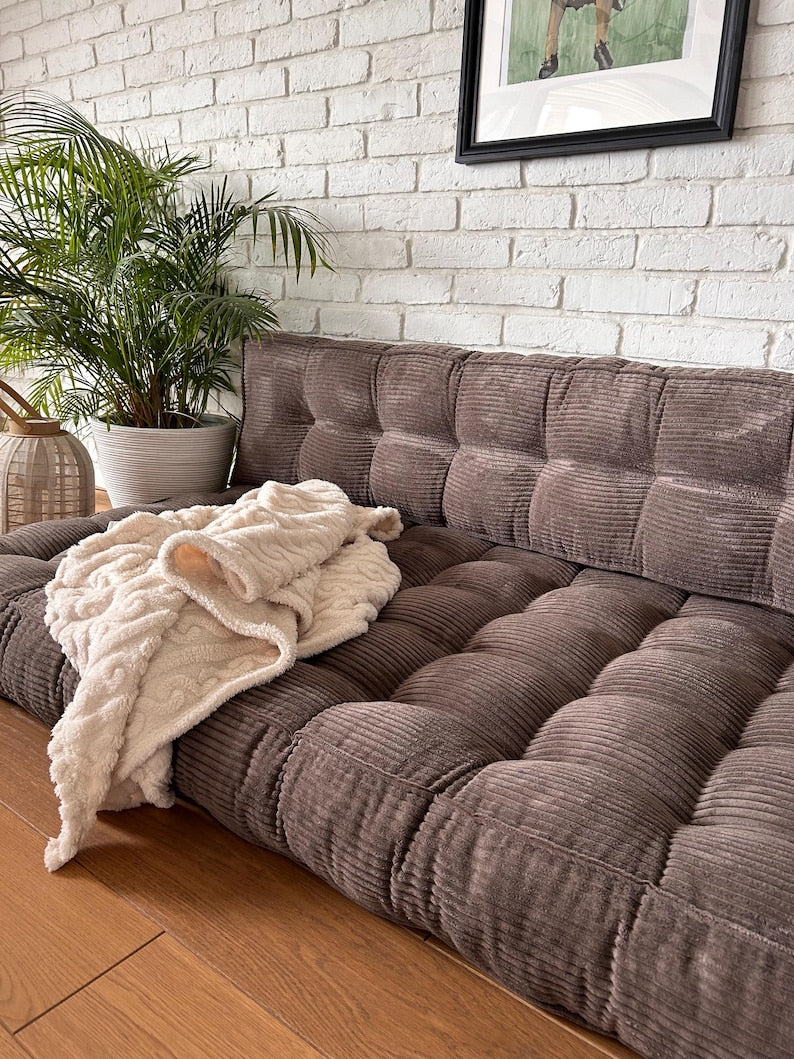 Luxurious Brown Corduroy Floor Sofa & Cushion Set | Comfortable Window Seat & Bench Pad