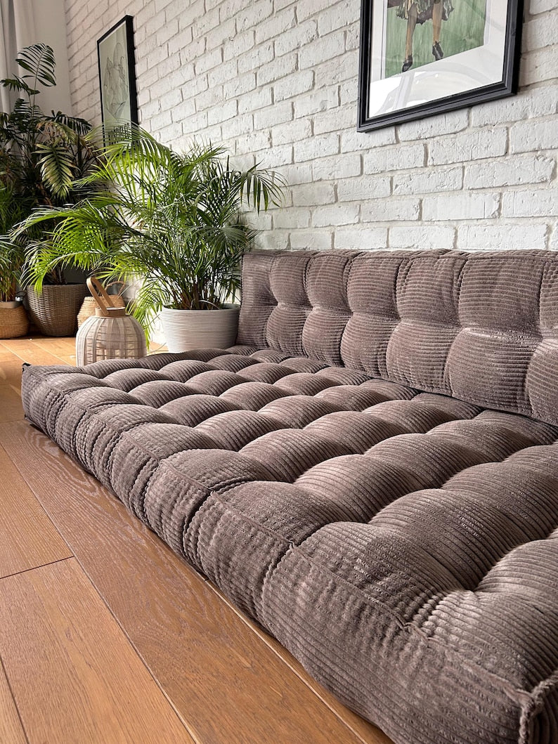 Luxurious Brown Corduroy Floor Sofa & Cushion Set | Comfortable Window Seat & Bench Pad