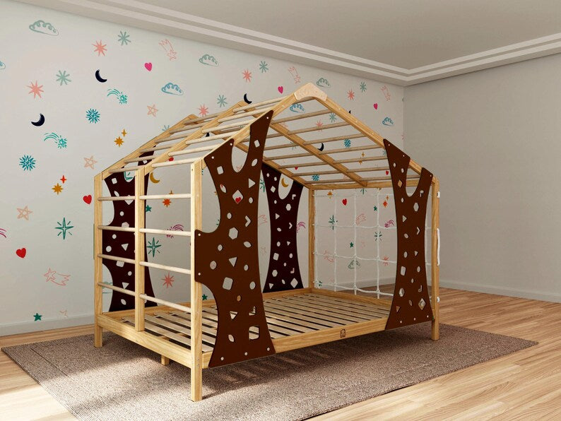 Montessori Wooden Playhouse Bed with Integrated Toddler Gym - Safe & Engaging Indoor Climbing Frame