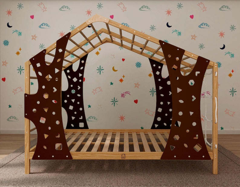 Montessori Wooden Playhouse Bed with Integrated Toddler Gym - Safe & Engaging Indoor Climbing Frame