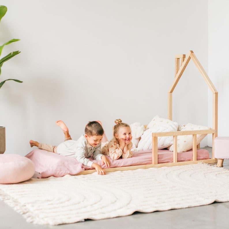 Handmade Montessori Toddler Floor Bed - Natural Wood Kids House Bed Frame, Safe Nursery Decor, First Christmas Gift, Baby Crib Size Compatible