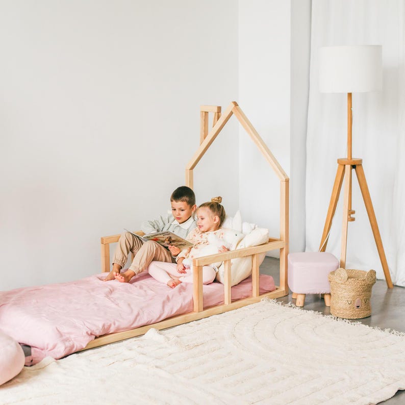 Handmade Montessori Toddler Floor Bed - Natural Wood Kids House Bed Frame, Safe Nursery Decor, First Christmas Gift, Baby Crib Size Compatible