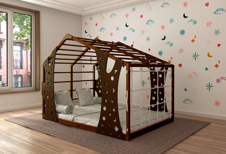 Montessori Wooden Jungle Gym Floor Bed - Indoor Playhouse & Toddler Climber for Kids - Premium Playroom Decor & Gift