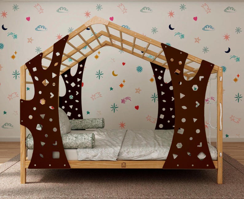 Montessori Wooden Playhouse Bed with Integrated Toddler Gym - Safe & Engaging Indoor Climbing Frame