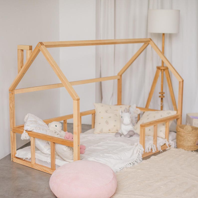 Handmade Montessori Toddler Floor Bed - Natural Wood Kids House Bed Frame, Safe Nursery Decor, First Christmas Gift, Baby Crib Size Compatible