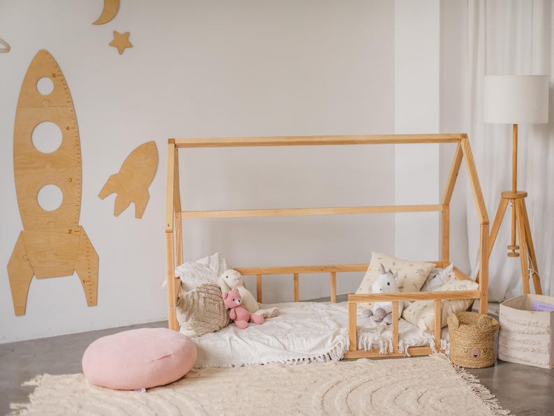 Handmade Montessori Toddler Floor Bed - Natural Wood Kids House Bed Frame, Safe Nursery Decor, First Christmas Gift, Baby Crib Size Compatible