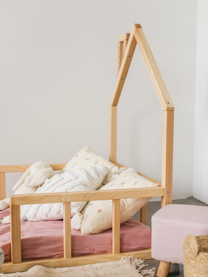 Handmade Montessori Toddler Floor Bed - Natural Wood Kids House Bed Frame, Safe Nursery Decor, First Christmas Gift, Baby Crib Size Compatible