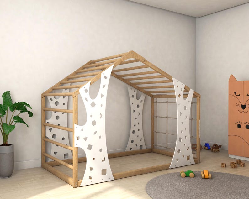 Busywood Kids Climbing Playhouse & Montessori Toddler Bed - Indoor Play Gym with Platform